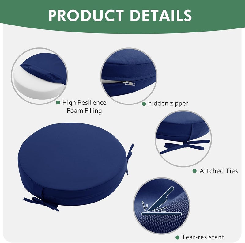 Summsun Outdoor Bistro Chair Cushions Set of 4, 15" D x 3" H Round Chair Cushions Waterproof and Fade Resistant Chair Cushion Pads with Non-Slip Ties and Removable Covers for Garden, Navy Blue - Image 4